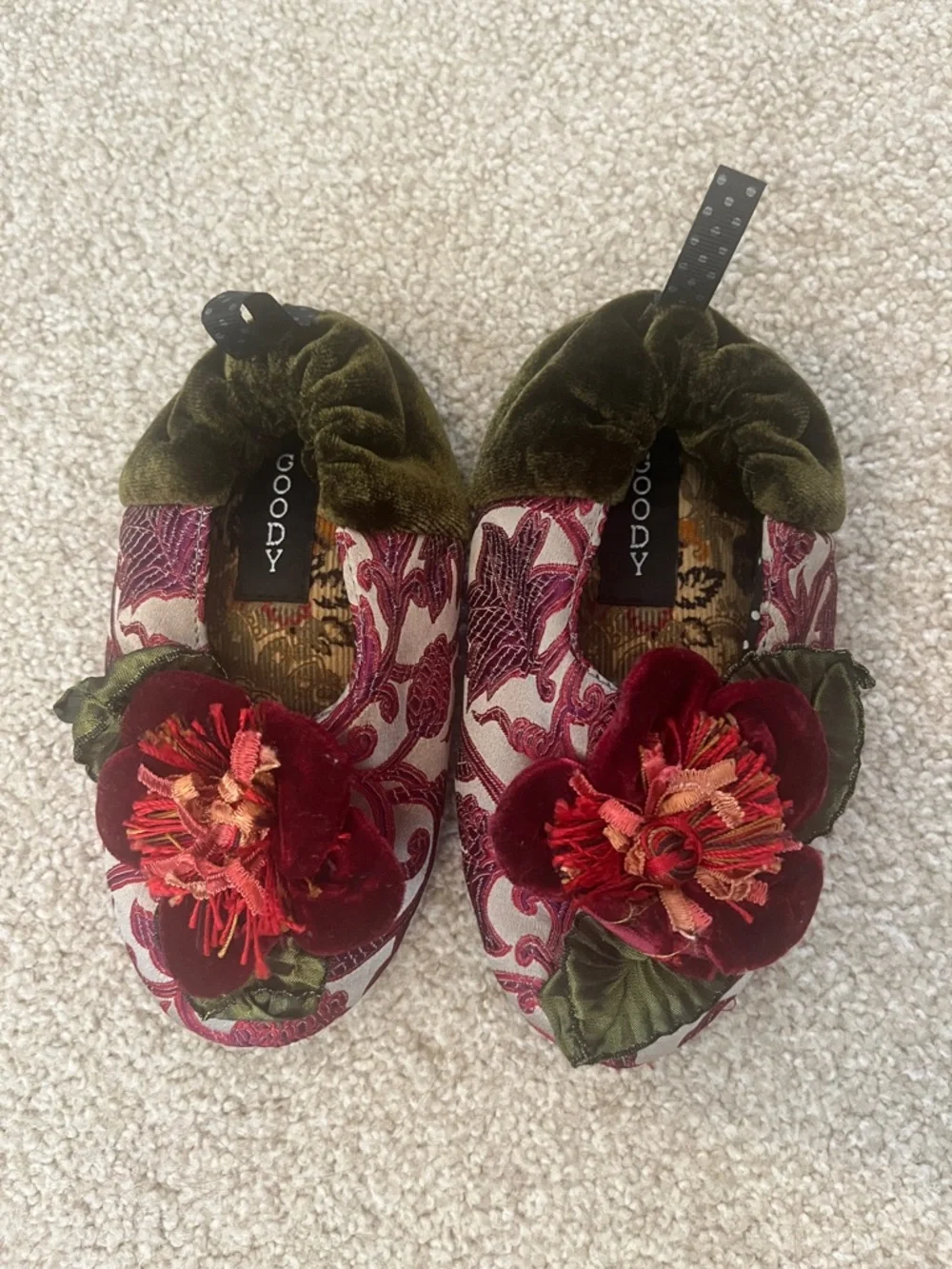 Goody Goody (Mackenzie Childs) Kids Silk Bon Bon Slippers Green and Burgundy CS